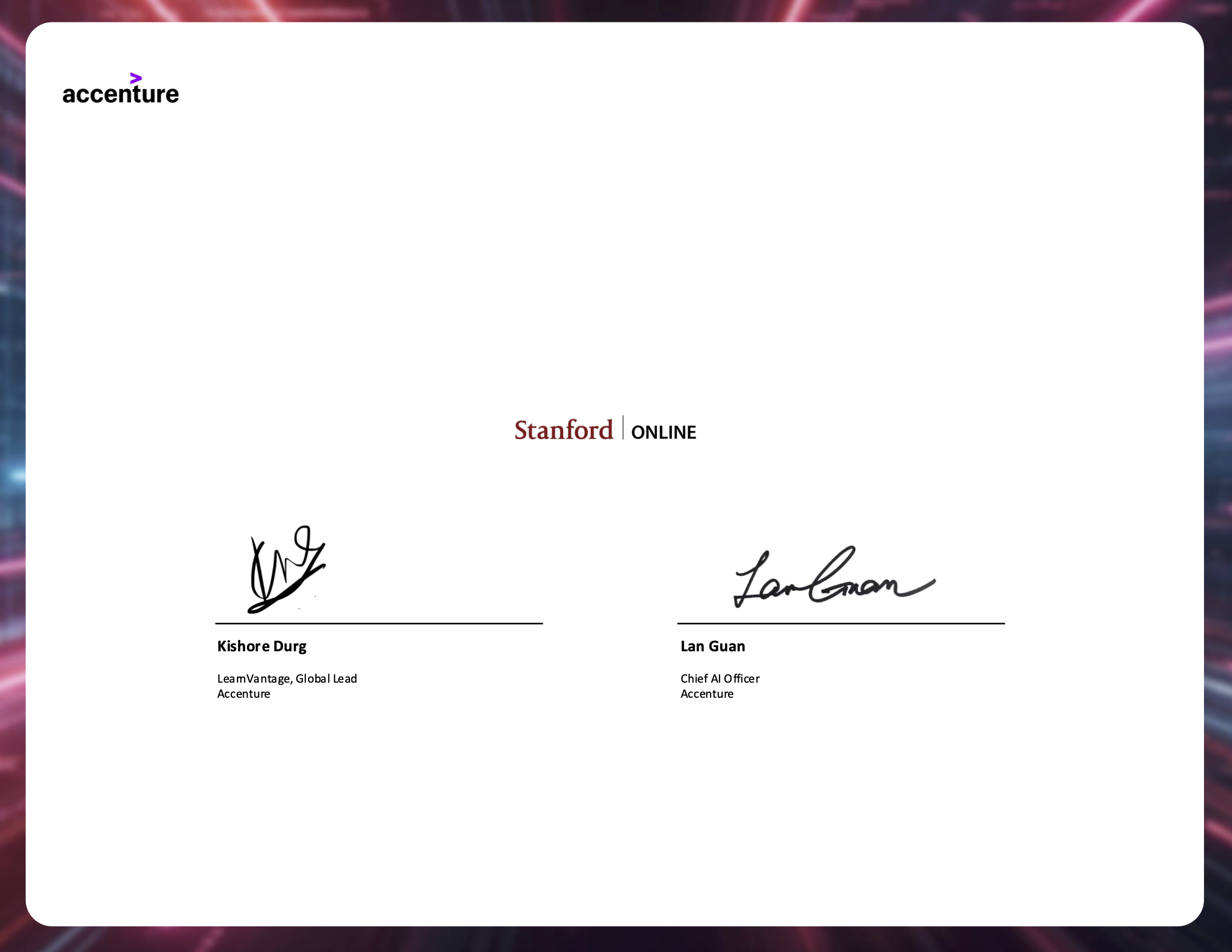 Background image with Accenture logo, Stanford Online logo, and signatures from Kishore Durg, Global lead of Learnvantage as well as Lan Guan, Chief AI Officer of Accenture.