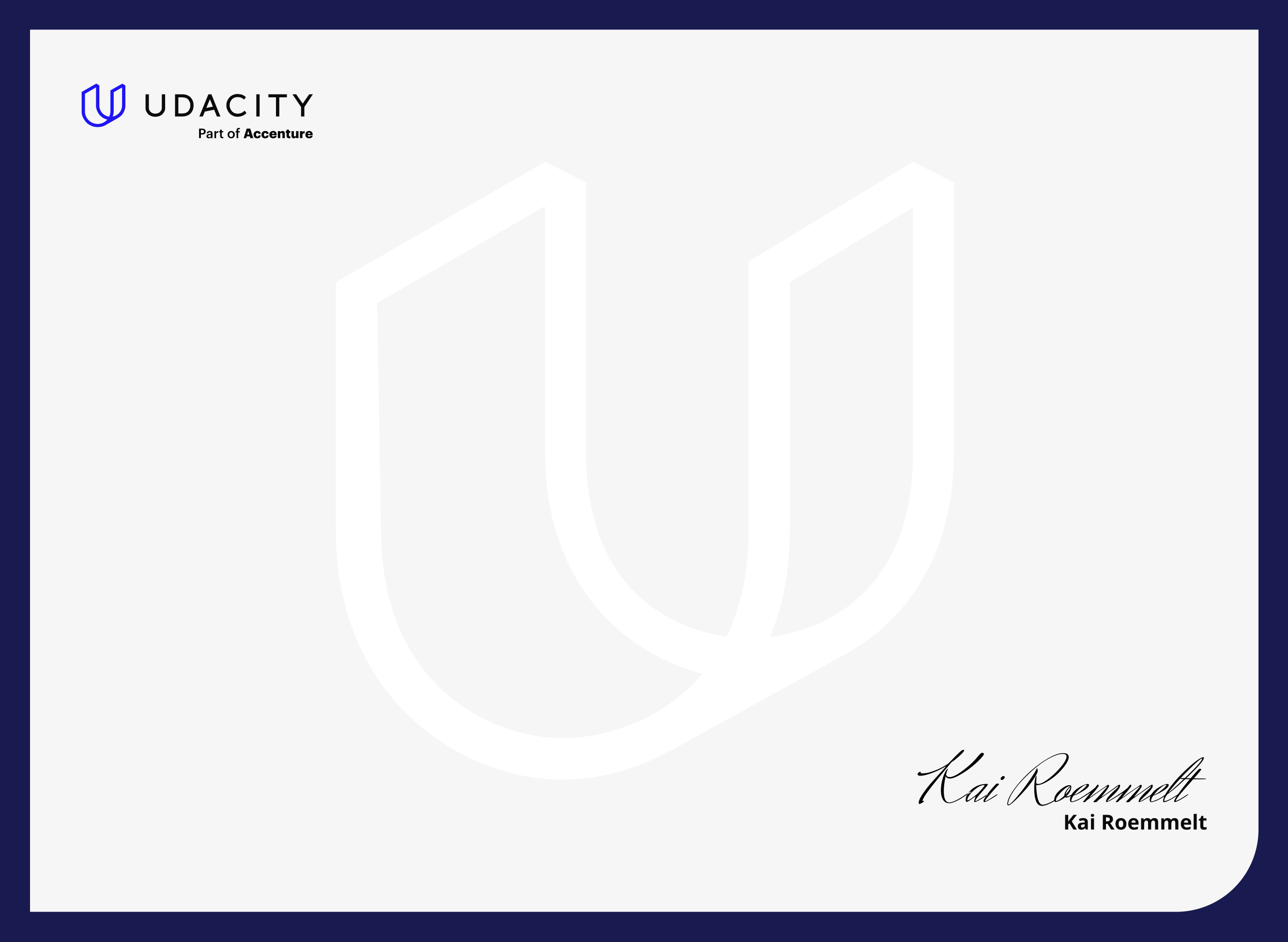 Udacity Certificate with signature from Kai Roemmelt and Udacity, part of Accenture logo
